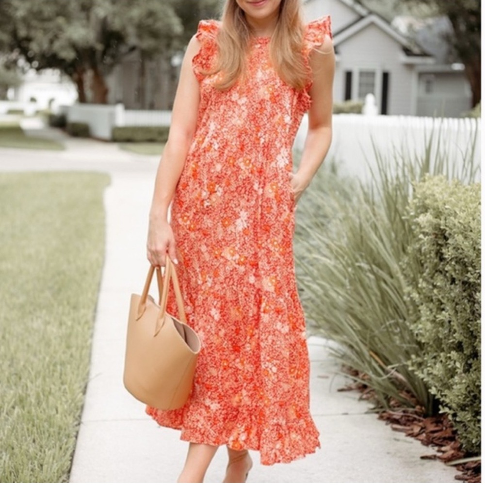 Universal Thread Woman’s Red Floral Cottage Core Maxi Dress Size M-100% Cotton